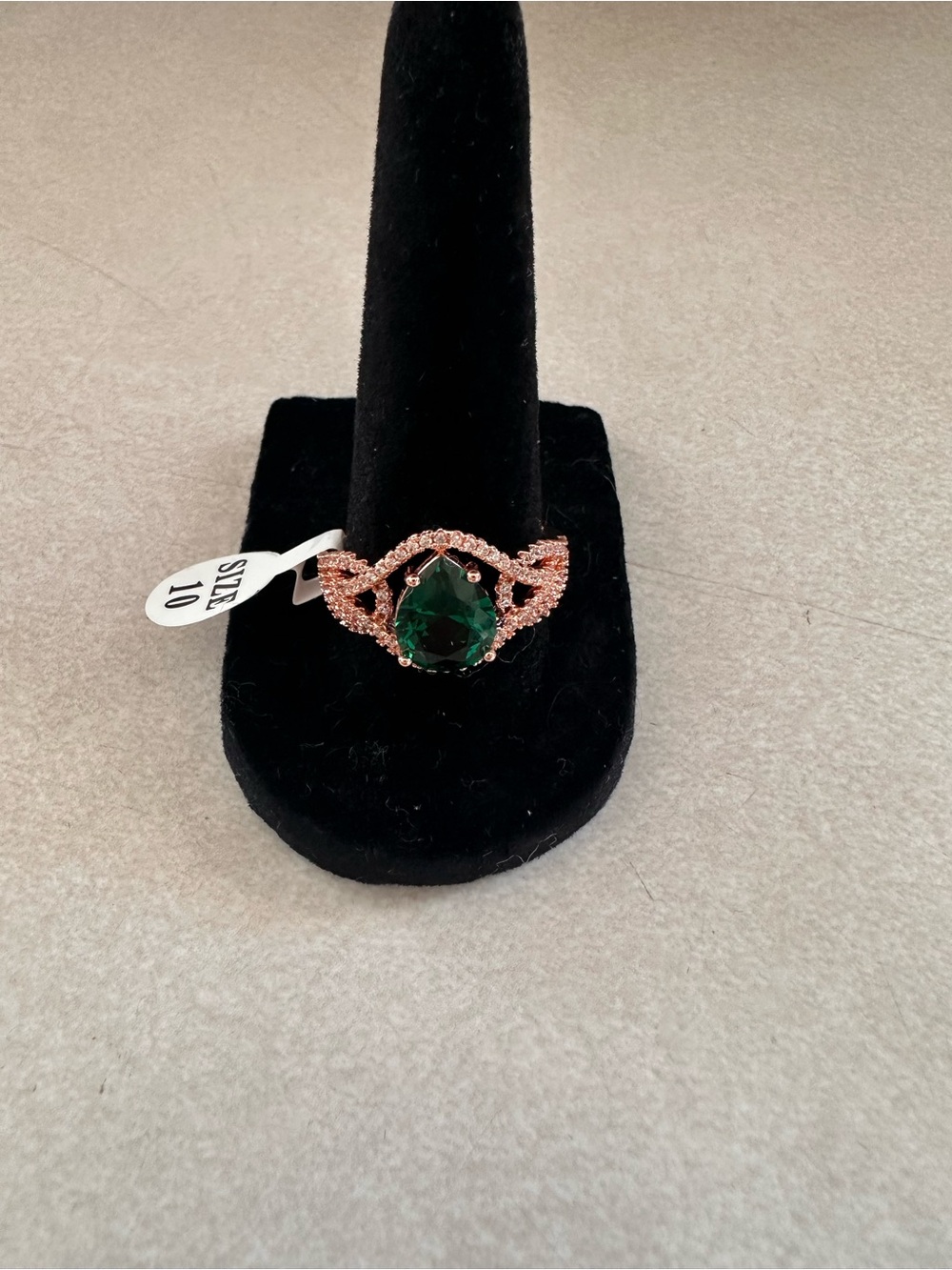 Rose Gold Emerald Teardrop Ring with Pave Accents